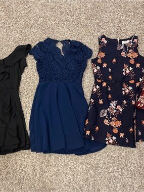 Navy Lace Fit & Flare Dress - Elegant Short Sleeve